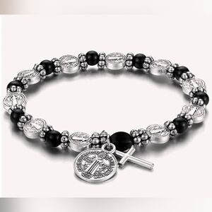 Two Silver & Black Bead Saint Medal Bracelet